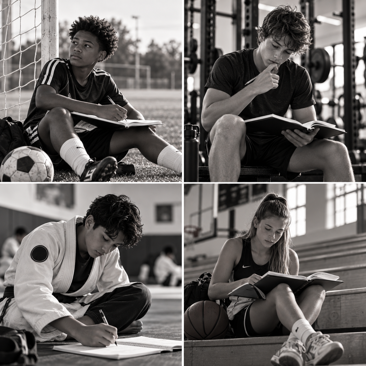 Student-athletes studying and taking notes across soccer, gym, martial arts and basketball settings